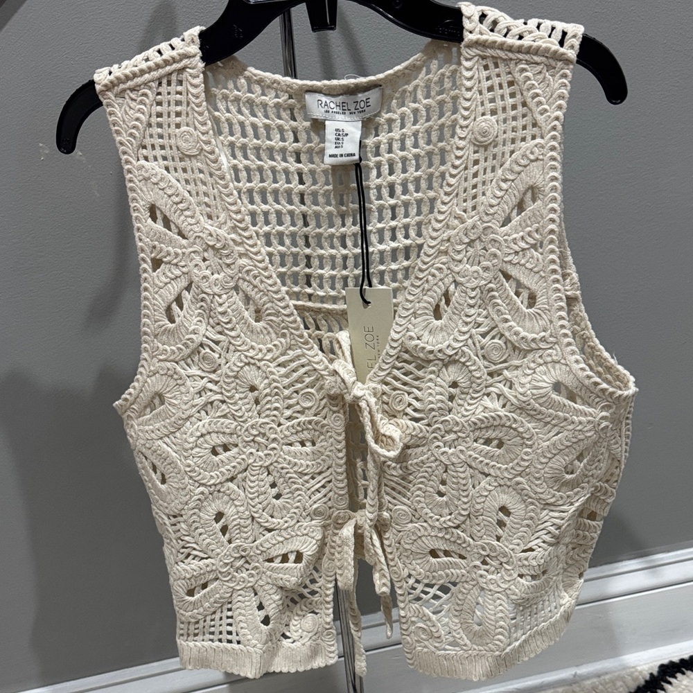 NEW Rachel Zoe Ivory Crochet Tie front Vest-Small